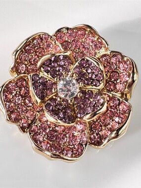 Gold-Tone Pink Crystal Flower Brooch - Sparkling Floral Brooch